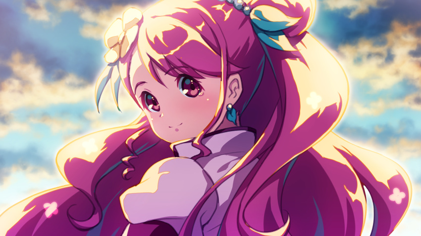 1girl backlighting bangs blurry blurry_background clouds cure_grace day earrings eyebrows_visible_through_hair floating_hair from_behind hair_between_eyes healin'_good_precure highres jewelry long_hair looking_at_viewer looking_back pink_hair portrait precure red_eyes sayousuke shiny shiny_hair solo