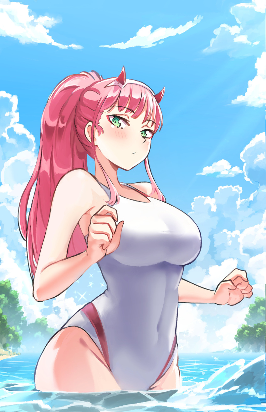 1girl absurdres aqua_eyes beach blue_sky blush breasts clouds commentary coolisushi darling_in_the_franxx day groin half-closed_eyes highres horns long_hair looking_at_viewer medium_breasts ocean one-piece_swimsuit outdoors pink_hair ponytail sky solo swimsuit very_long_hair white_swimsuit zero_two_(darling_in_the_franxx)