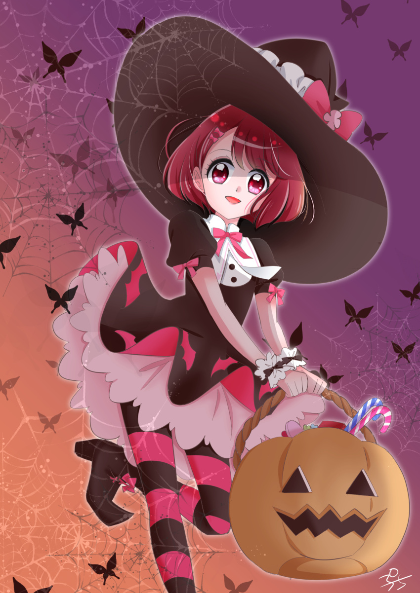 1girl :d bangs basket black_dress black_headwear bow bug butterfly dress eyebrows_visible_through_hair gradient gradient_background halloween halloween_bucket halloween_costume hanadera_nodoka hat hat_bow healin'_good_precure highres holding holding_basket insect layered_dress leg_up looking_at_viewer open_mouth orange_background pantyhose pink_neckwear precure puchinyan2 purple_background red_bow red_eyes redhead shiny shiny_hair short_hair short_sleeves smile solo standing standing_on_one_leg striped striped_legwear witch_hat