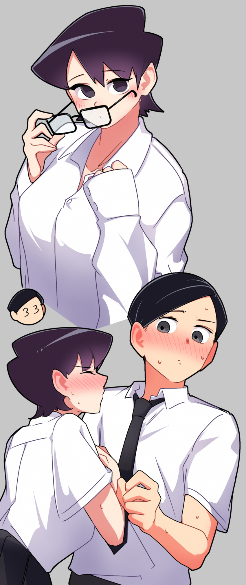 1boy 1girl absurdres black_hair blush breasts closed_eyes degraded_ice eyebrows_visible_through_hair glasses grey_eyes highres husband_and_wife komi-san_wa_komyushou_desu komi_masayoshi komi_shuuko large_breasts school_uniform shirt short_hair violet_eyes white_shirt younger