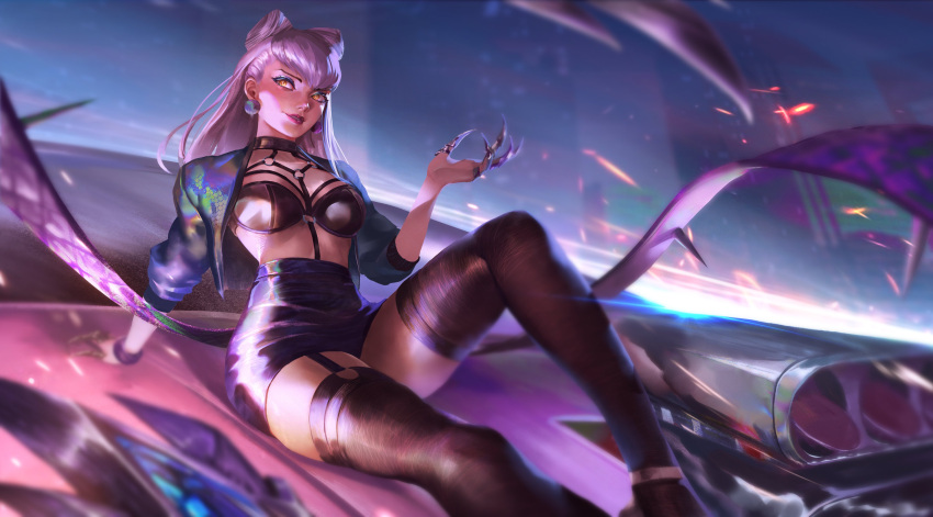 1girl absurdres car claws cropped_jacket demon_girl evelynn_(league_of_legends) garter_straps ground_vehicle highres japanese_clothes jewelry kneehighs league_of_legends long_hair looking_to_the_side makeup motor_vehicle open_clothes revealing_clothes sitting slit_pupils solo the_baddest_evelynn tong_tou yellow_eyes