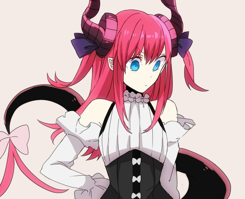 1girl bangs bare_shoulders blue_eyes detached_sleeves dragon_horns dragon_tail eiku elizabeth_bathory_(fate) elizabeth_bathory_(fate)_(all) eyebrows_visible_through_hair fate/grand_order fate_(series) grey_background hair_between_eyes halter_dress halterneck hand_on_hip horns long_hair long_sleeves looking_at_viewer pink_hair pointy_ears purple_ribbon ribbon solo tail tail_bow two_side_up upper_body white_sleeves
