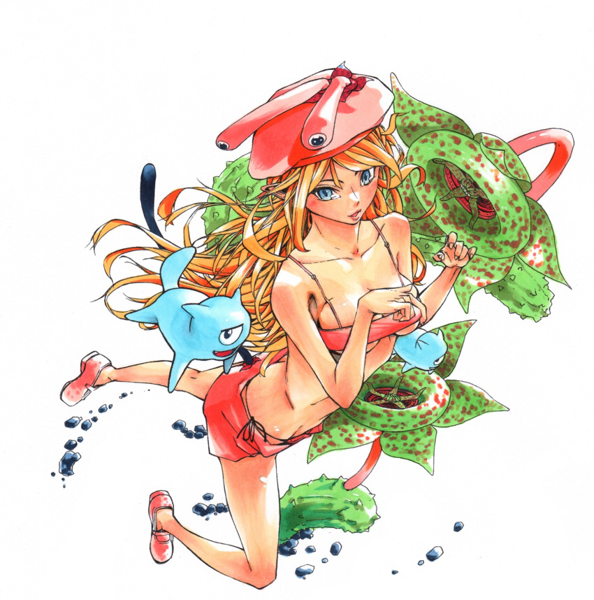 1girl bare_shoulders blue_eyes breasts flower full_body gagaimo hands_up hat highres long_hair marker_(medium) orange_hair original parted_lips pink_footwear pink_headwear pink_shorts shoes shorts solo traditional_media under_boob very_long_hair
