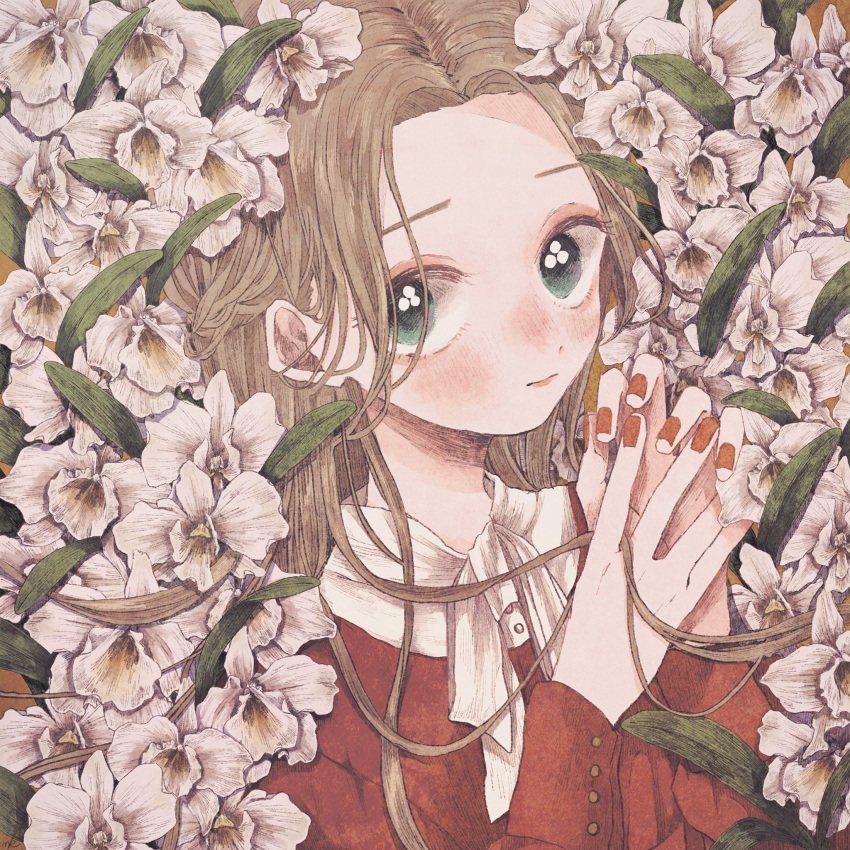 1girl aqua_eyes blush brown_hair flower hands_together hands_up highres leaf long_hair long_sleeves looking_at_viewer momo_walnut original plant red_nails red_shirt shirt solo upper_body white_flower