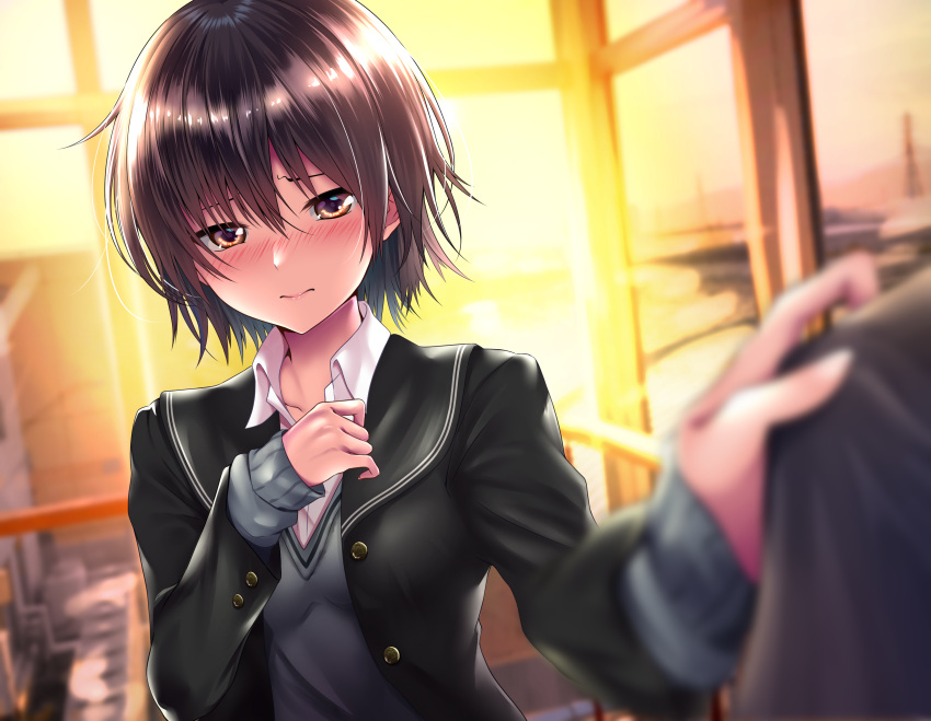 1boy 1girl absurdres amagami bangs black_hair black_jacket blurry blurry_foreground blush breasts brown_eyes building city collarbone commentary dress_shirt embarrassed foreshortening grey_sweater hair_between_eyes hair_strand hand_on_another's_shoulder highres indoors jacket kibito_high_school_uniform nanasaki_ai nervous nose_blush railing rairaisuruyo raised_eyebrows reaching_out school_uniform shirt short_hair small_breasts solo_focus sunset sweater upper_body wavy_mouth white_shirt window