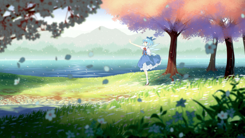 1girl absurdres arm_behind_back blue_bow blue_dress blue_eyes blue_hair blurry blurry_foreground bow breasts cherry_blossoms cirno closed_mouth daisy day depth_of_field dress flower from_side full_body grass hair_bow highres horizon ice ice_wings jiege kneehighs lake outdoors outstretched_arm petticoat pinafore_dress pink_flower puffy_short_sleeves puffy_sleeves reaching_out red_neckwear red_ribbon ribbon sandals scenery short_hair short_sleeves small_breasts smile solo standing touhou tree water white_flower white_legwear wind wind_lift wings