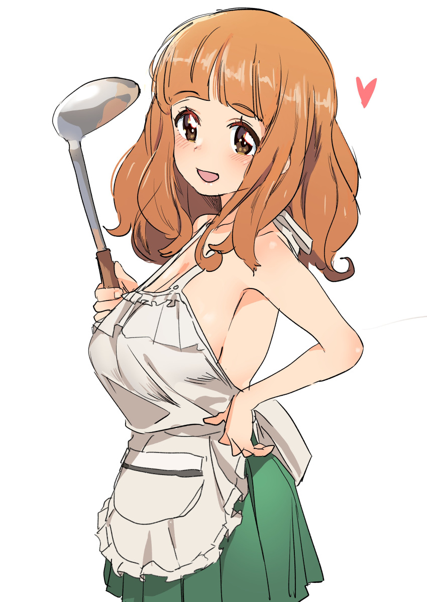 1girl absurdres apron bangs bare_shoulders blunt_bangs blush breasts brown_eyes eyebrows_visible_through_hair girls_und_panzer green_skirt heart highres holding holding_ladle ladle large_breasts long_hair looking_at_viewer mammoth9878 nearly_naked_apron non-web_source open_mouth orange_hair pleated_skirt simple_background sketch skirt smile solo takebe_saori upper_body white_background