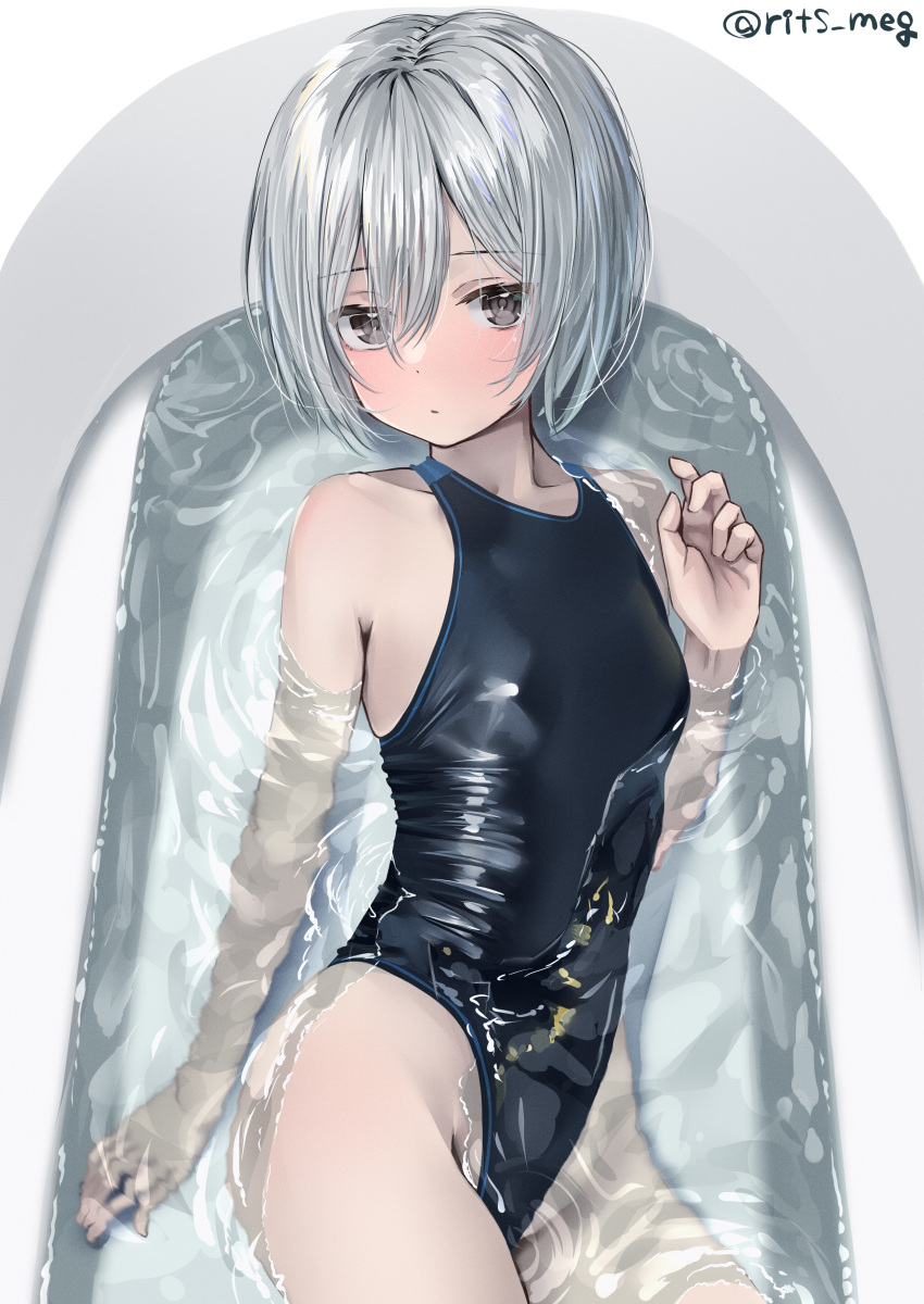 1girl absurdres bathtub black_swimsuit competition_swimsuit cowboy_shot flat_chest grey_eyes highres looking_at_viewer one-piece_swimsuit original partially_submerged rits_(apud8788) short_hair silver_hair simple_background solo swimsuit twitter_username white_background