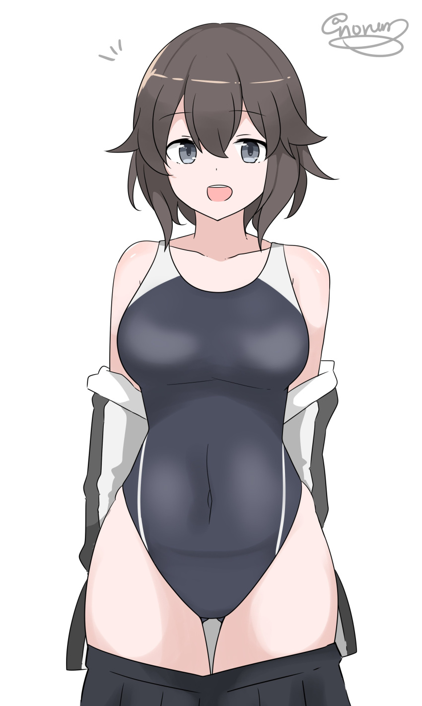 1girl absurdres ass_visible_through_thighs black_hair black_skirt black_swimsuit collarbone competition_swimsuit covered_navel eyebrows_visible_through_hair grey_eyes gym_shirt hair_between_eyes hayasui_(kancolle) highres jacket kantai_collection looking_at_viewer noruren one-piece_swimsuit open_mouth shirt short_hair simple_background skirt skirt_pull smile solo standing swimsuit swimsuit_under_clothes track_jacket twitter_username undressing white_background zipper