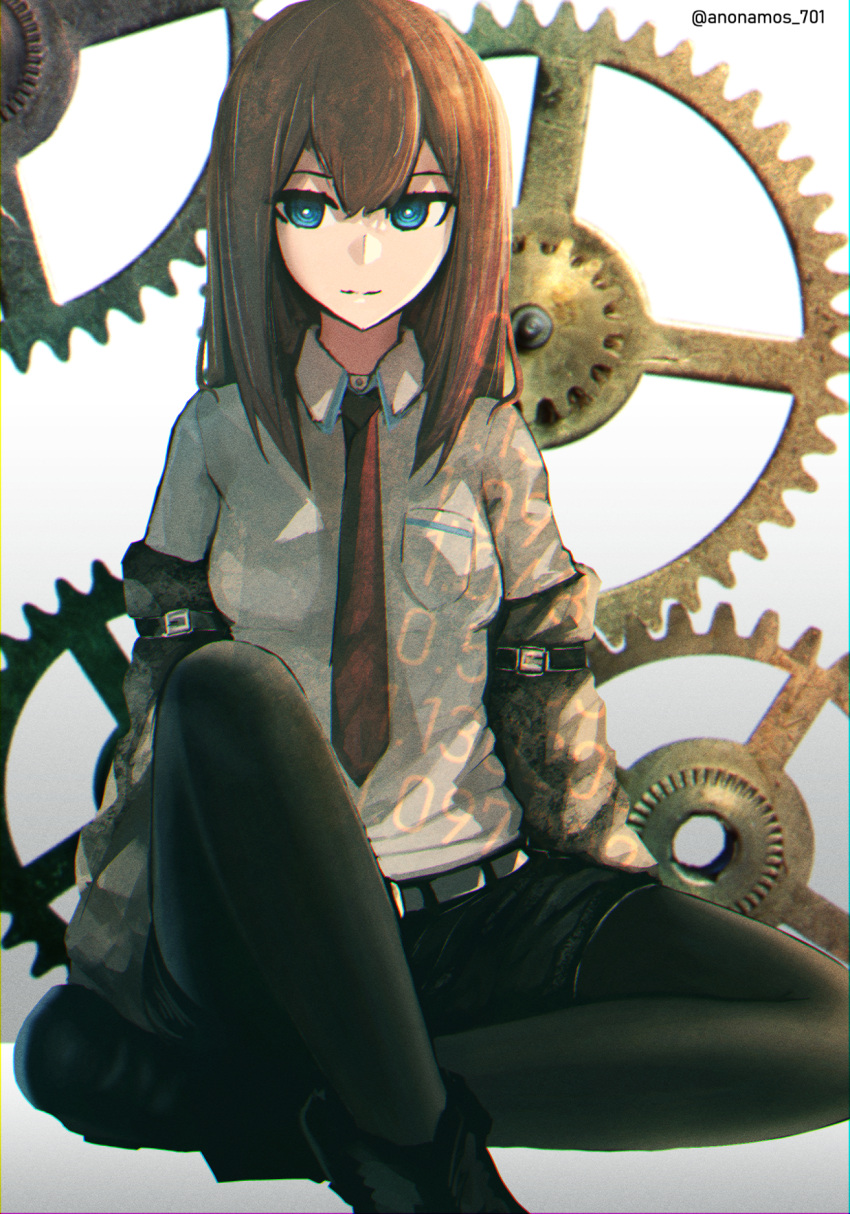 1girl anonamos artist_name bangs black_footwear black_shorts blue_eyes boots breast_pocket brown_hair closed_mouth collared_shirt gears highres legwear_under_shorts long_hair makise_kurisu necktie pantyhose pocket red_neckwear shirt shorts sitting smile solo steins;gate twitter_username white_shirt