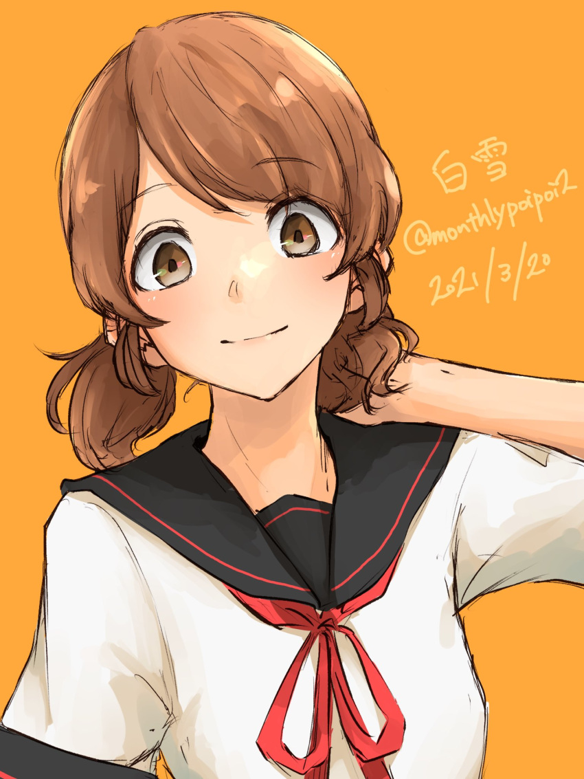 1girl bangs black_sailor_collar brown_eyes brown_hair character_name collared_shirt commentary_request dated highres kantai_collection low_twintails medium_hair orange_background original_remodel_(kantai_collection) parted_bangs sailor_collar school_uniform serafuku shirayuki_(kancolle) shirt short_twintails simple_background smile solo twintails twitter_username umibudou upper_body