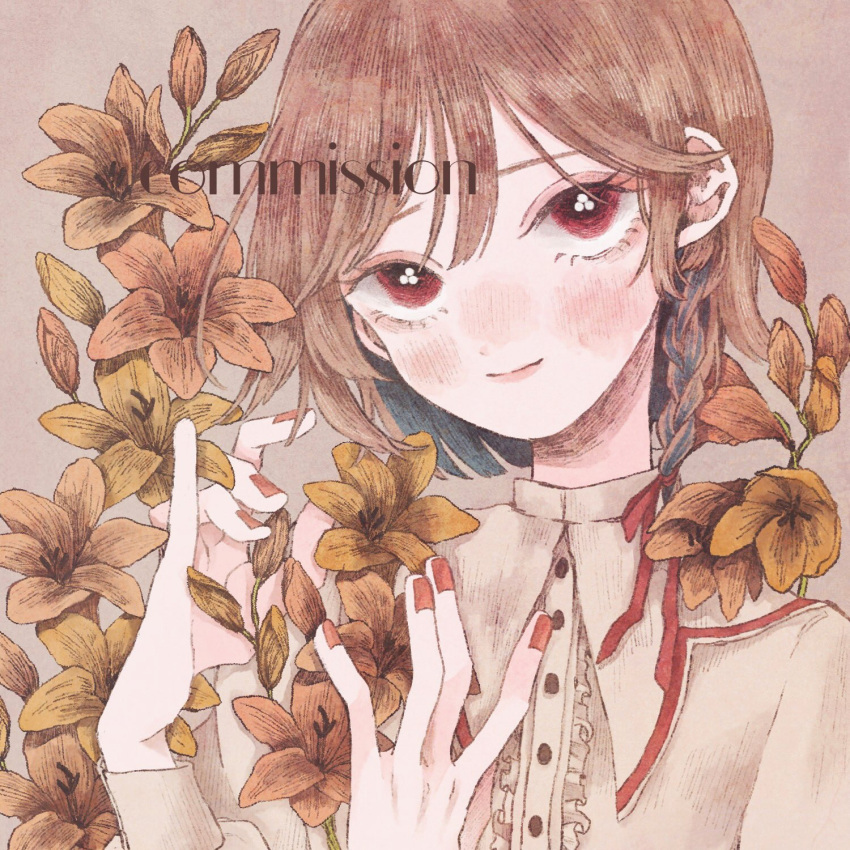1girl blush braid brown_background brown_hair commission flower hands_up highres long_sleeves momo_walnut orange_nails original plant red_eyes red_ribbon ribbon shirt short_hair simple_background smile solo upper_body white_shirt yellow_flower