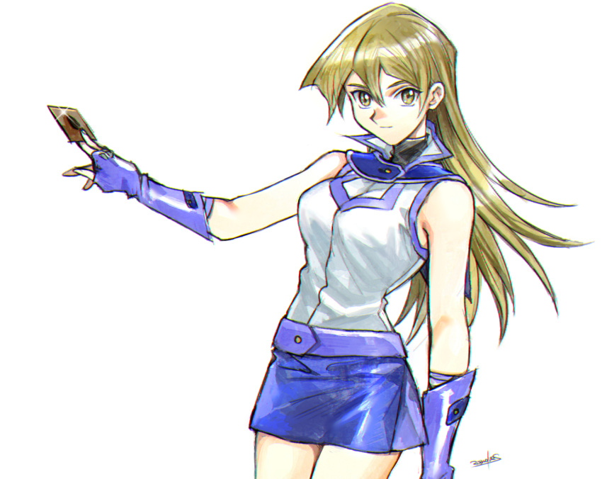 1girl 203wolves bangs blonde_hair blue_gloves blue_skirt breasts brown_eyes card closed_mouth cowboy_shot duel_academy_uniform_(yu-gi-oh!_gx) elbow_gloves fingerless_gloves floating_hair gloves hair_between_eyes highres holding holding_card long_hair looking_at_viewer medium_breasts miniskirt shiny shiny_hair shirt signature simple_background sketch skirt sleeveless sleeveless_shirt solo standing straight_hair tenjouin_asuka very_long_hair white_background white_shirt yu-gi-oh! yu-gi-oh!_gx