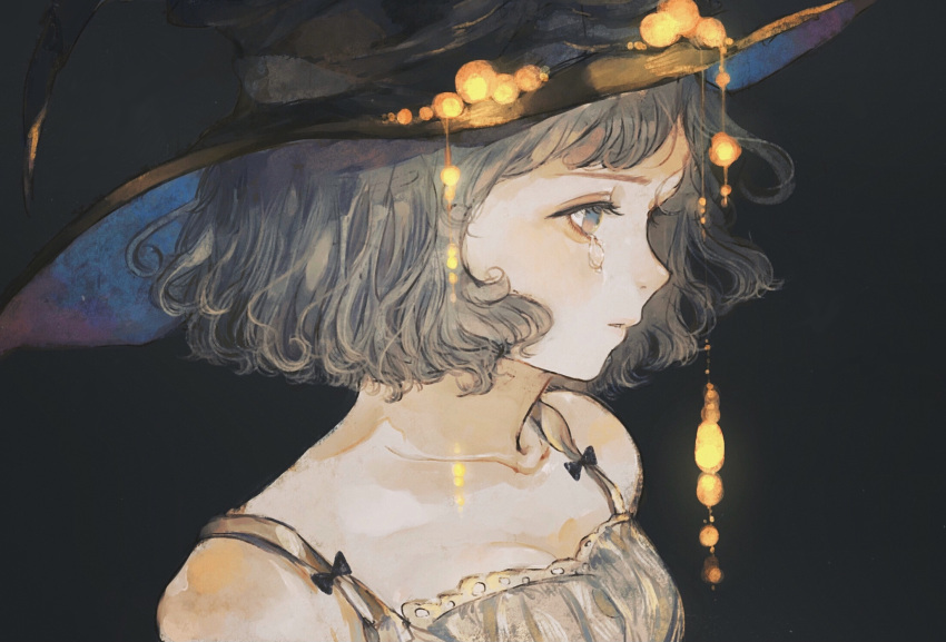 1girl black_background black_headwear blue_eyes crying crying_with_eyes_open hat highres light_brown_hair medium_hair orie_h original portrait simple_background solo tears witch witch_hat