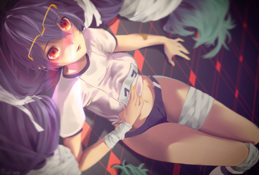 1girl :d bandaged_leg bandages bandaid bandaid_on_arm bangs black_buruma black_hair breasts buruma eyewear_on_head from_side gym_uniform hair_between_eyes hair_ribbon highres long_hair lying medium_breasts midriff navel on_back open_mouth original over-rim_eyewear red_eyes ribbon semi-rimless_eyewear shirt shirt_lift smile solo ssu0601 stomach twintails very_long_hair white_ribbon white_shirt yellow-framed_eyewear