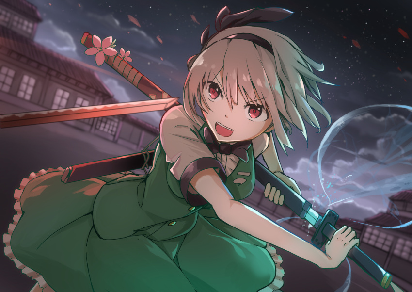 1girl architecture black_hairband black_neckwear black_ribbon bow bowtie breasts center_frills clouds dutch_angle east_asian_architecture feet_out_of_frame floating_hair frills green_skirt green_vest hair_between_eyes hairband highres hitodama hitodama_print holding holding_sword holding_weapon katana konpaku_youmu konpaku_youmu_(ghost) looking_ahead medium_breasts motion_blur night night_sky ooru_(t20nozomu) open_mouth outdoors petals petticoat red_eyes red_pupils ribbon serious sheath short_hair short_sleeves silver_hair skirt skirt_set sky solo standing star_(sky) sword touhou unsheathing v-shaped_eyebrows vest weapon