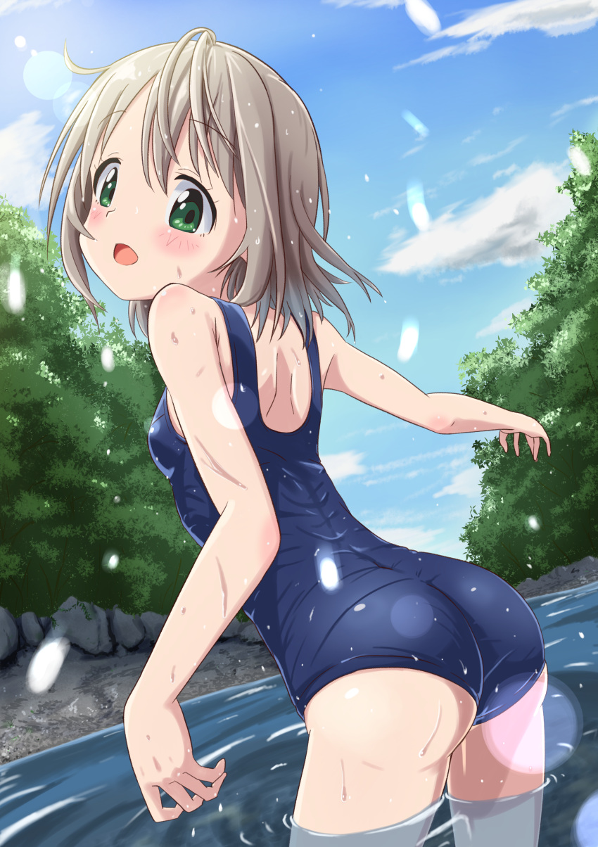 1girl absurdres ass bare_shoulders blue_sky blue_swimsuit blush commentary_request cowboy_shot day dutch_angle eyebrows_visible_through_hair from_behind green_eyes grey_hair hair_ornament highres huge_filesize kohshibasaki leaning_forward lens_flare looking_at_viewer looking_back one-piece_swimsuit open_mouth outdoors outstretched_arm river school_swimsuit short_hair shoulder_blades sky solo sunlight swimsuit tree water wet yama_no_susume yukimura_aoi