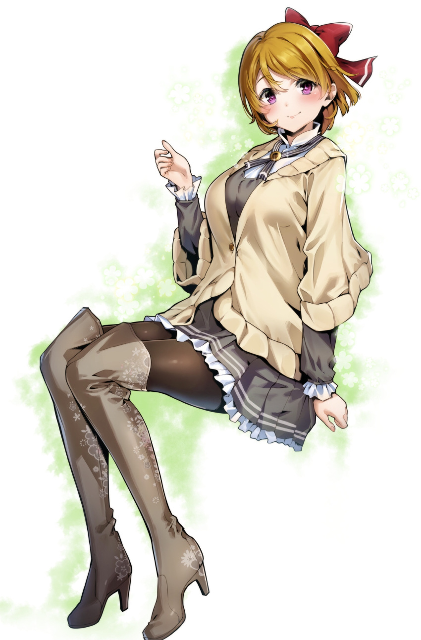 1girl black_legwear black_skirt boots bow brown_hair brown_legwear closed_mouth commentary_request eyebrows_visible_through_hair full_body hair_bow highres koizumi_hanayo long_sleeves looking_at_viewer love_live! love_live!_school_idol_project nakano_maru pantyhose pink_eyes red_bow sitting skirt smile solo thigh-highs thigh_boots white_background