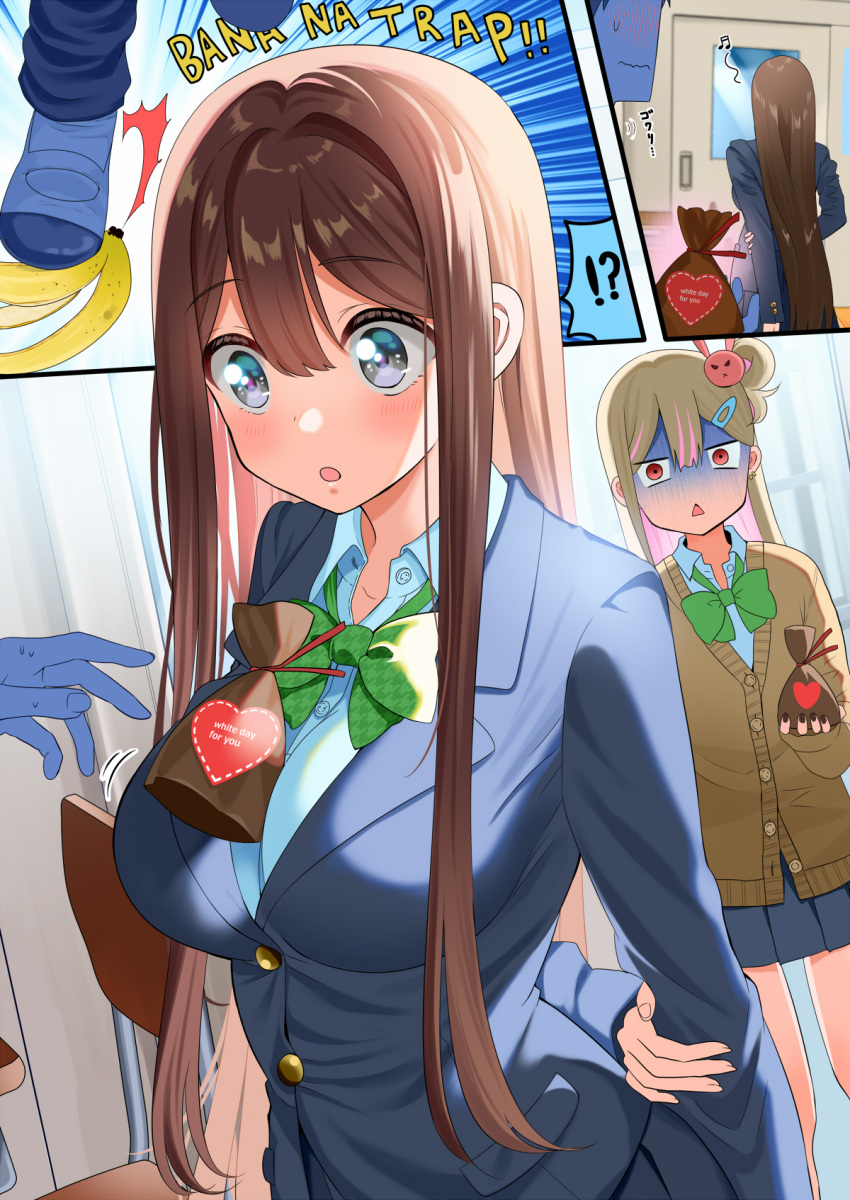 !? 2girls :o arm_behind_back banana_peel bangs between_breasts black_nails blue_jacket blue_skirt blush bow bowtie breasts brown_hair bunny_hair_ornament chair chestnut_mouth collared_shirt commentary_request door english_text green_bow grey_eyes hair_between_eyes hair_intakes hair_ornament hairclip heart heart_print highres holding holding_sack indoors jacket large_breasts long_hair long_sleeves multiple_girls original piyopoyo pleated_skirt red_eyes sack shiny shiny_hair shirt skirt surprised white_day