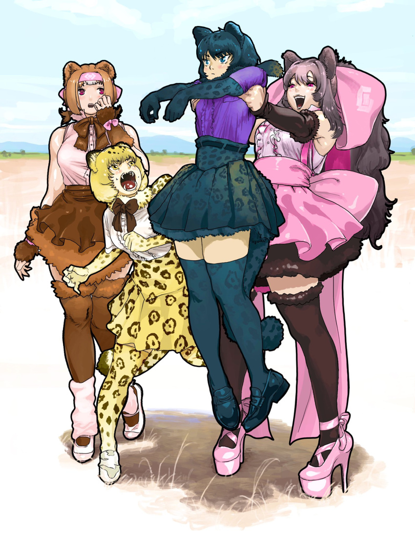 4girls animal_ears ankle_bow ankle_strap apron arm_at_side arms_up back_bow bangs bare_shoulders bear_ears bear_girl belt bergman's_bear_(kemono_friends) black_gloves black_hair black_jaguar_(kemono_friends) black_legwear black_skirt blonde_hair blue_eyes bow bowtie bracelet breast_pocket brown_apron brown_bow brown_hair brown_neckwear cat_girl center_frills closed_mouth collared_shirt colored_inner_hair commentary_request day detached_sleeves elbow_gloves expressionless eyebrows_visible_through_hair fangs frills full_body fur_bracelet fur_scarf fur_skirt fur_trim gloves grey_hair hair_bow hand_up hands_on_another's_chest hanging headband height_difference high-waist_skirt high_heels high_ponytail highres huge_bow jaguar_(kemono_friends) jaguar_ears jaguar_girl jaguar_print jaguar_tail jewelry kemono_friends kodiak_bear_(kemono_friends) leaning_forward lifting lifting_person long_hair looking_afar looking_at_another looking_up medium_hair miniskirt multicolored_hair multiple_girls open_mouth outdoors outstretched_arms pantyhose pink_apron pink_bow pink_eyes pink_shirt pocket print_gloves print_legwear print_neckwear print_scrunchie print_skirt purple_shirt r_birdy scarf scrunchie shirt shoes short_sleeves short_twintails skirt sleeveless sleeveless_shirt smile standing stretch tail tall_female thigh-highs twintails two-tone_hair very_long_hair waist_apron white_shirt yellow_eyes zettai_ryouiki