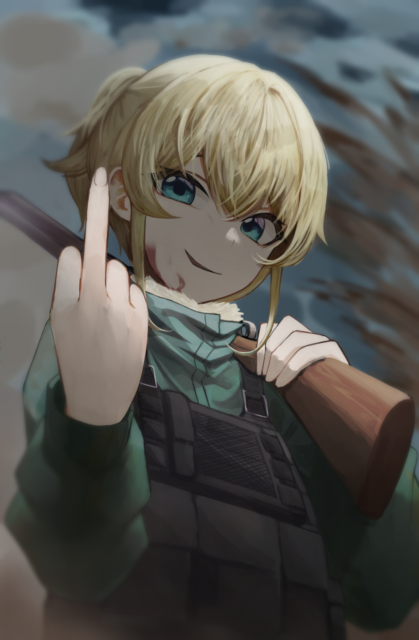 1girl absurdres bangs blonde_hair blood blood_on_face blue_eyes blurry commentary_request depth_of_field gun highres holding holding_gun holding_weapon jacket kevlar_vest long_sleeves looking_at_viewer middle_finger military military_uniform numim over_shoulder parted_lips ponytail short_hair smile solo tanya_degurechaff turtleneck uniform upper_body weapon weapon_over_shoulder youjo_senki