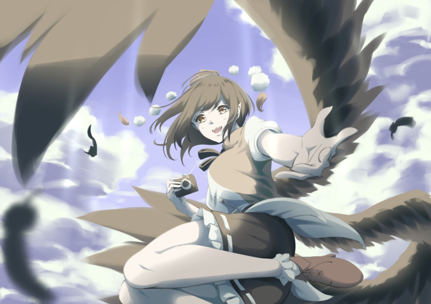 1girl :d bangs bird_wings black_skirt black_wings blurry bobby_socks breasts brown_footwear brown_hair camera clouds cloudy_sky commentary_request day depth_of_field eyebrows_behind_hair falling_feathers feathered_wings floating_hair flying foot_out_of_frame foreshortening glint hat highres holding holding_camera light_rays medium_breasts open_mouth otomeza_ryuseigun outdoors pantyhose perspective petticoat pom_pom_(clothes) reaching_out red_headwear shameimaru_aya shirt short_hair skirt sky smile socks solo sunlight swept_bangs tassel tokin_hat touhou white_legwear white_shirt wings yellow_eyes