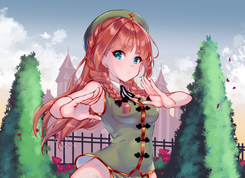 1girl adapted_costume arms_up bangs bare_arms bare_hips bare_shoulders blue_eyes blue_sky braid breasts building closed_eyes closed_mouth day earrings fence fighting_stance green_headwear green_vest highres hong_meiling jewelry long_hair looking_at_viewer medium_breasts miyakoto outdoors petals redhead sky sleeveless solo star_(symbol) stud_earrings touhou tree twin_braids upper_body vest