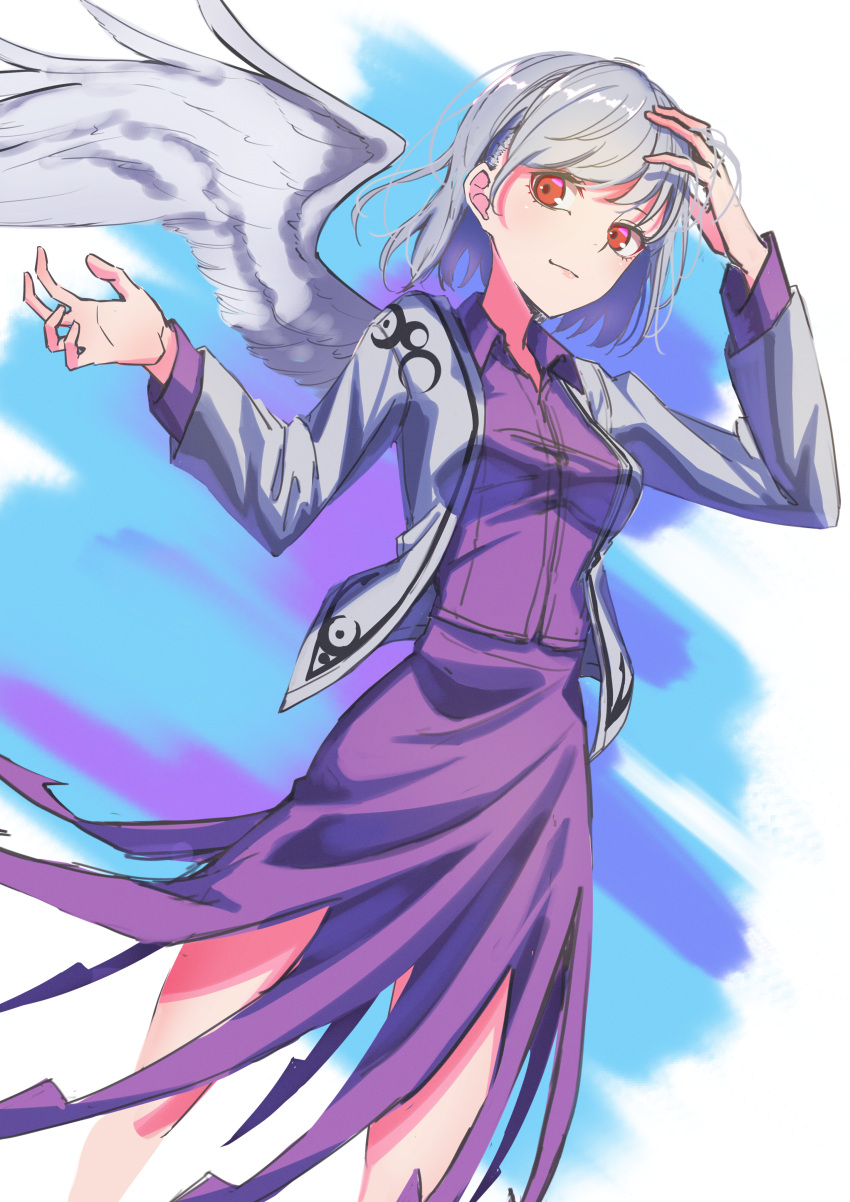 1girl absurdres angel_wings bangs beige_jacket blue_background breasts closed_mouth collared_dress dress dutch_angle eyebrows_behind_hair feet_out_of_frame from_below hair_behind_ear hand_on_head hands_up highres huge_filesize jacket jnakamura1182 kishin_sagume long_sleeves medium_breasts open_clothes open_jacket purple_dress red_eyes short_hair silver_hair simple_background single_wing smile solo standing swept_bangs touhou white_background wing_collar wings
