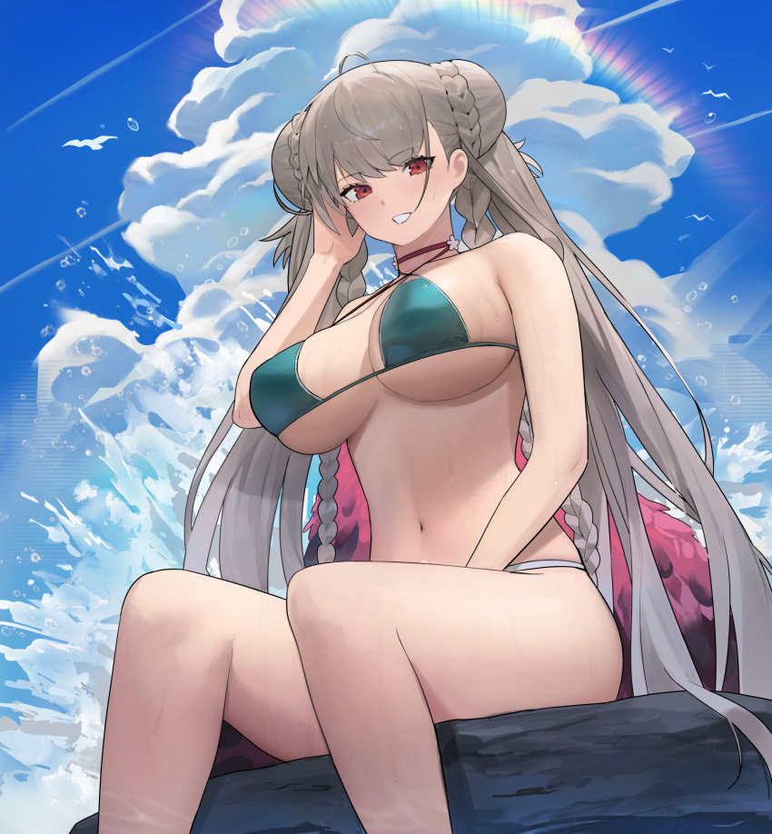 1girl absurdres azur_lane bangs bare_arms bare_legs bare_shoulders bikini blue_bikini blue_sky braid breasts choker clouds double_bun eyebrows_visible_through_hair feet_out_of_frame formidable_(azur_lane) formidable_(the_lady_of_the_beach)_(azur_lane) from_below halterneck hand_in_hair highres hood_(james_x) large_breasts long_hair looking_at_viewer navel outdoors parted_lips red_eyes red_neckwear sideboob silver_hair sitting sky smile solo swimsuit twin_braids under_boob water