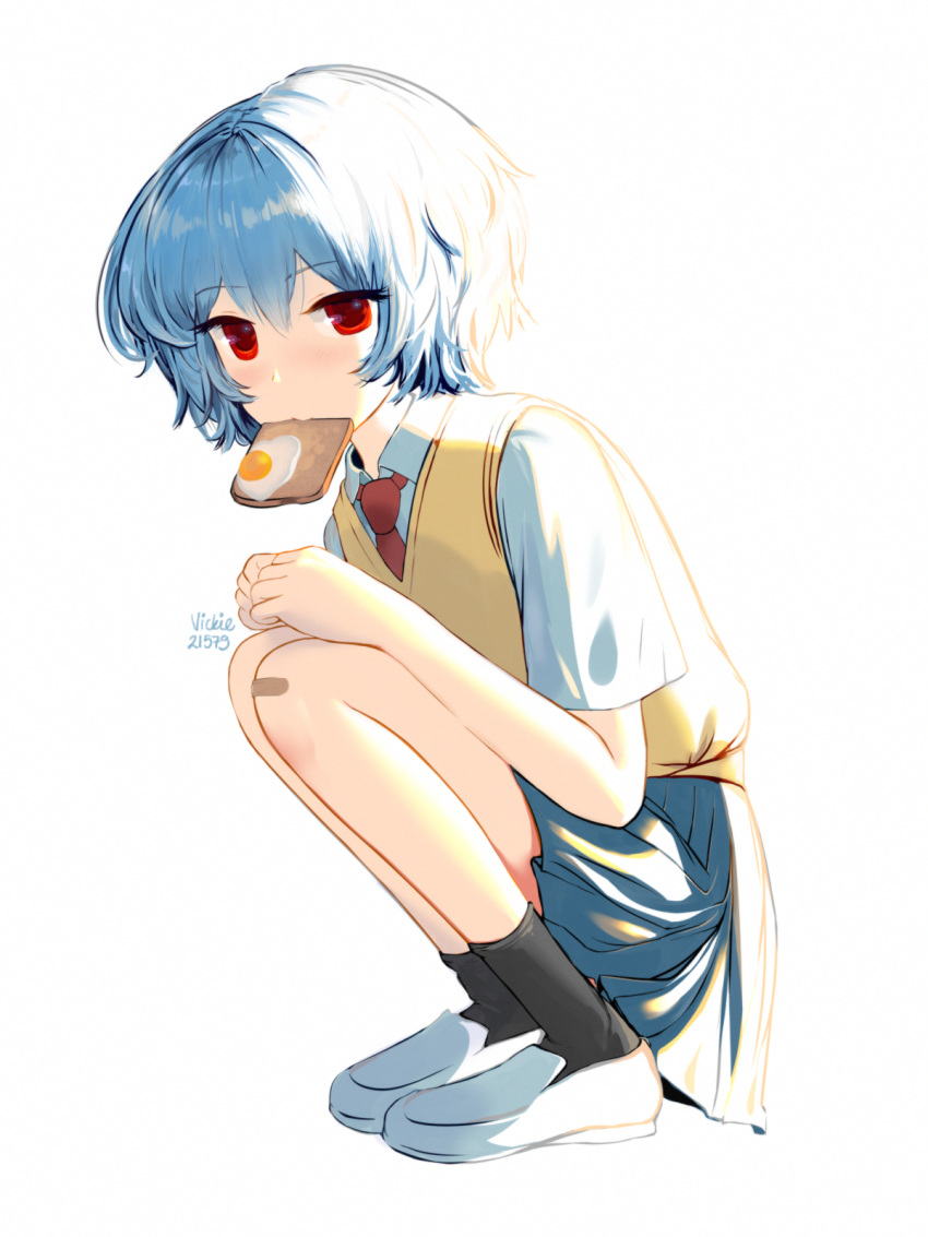1girl artist_name ayanami_rei bandaid bandaid_on_knee bangs black_legwear blue_hair blue_skirt commentary eyebrows_visible_through_hair food food_in_mouth fried_egg fried_egg_on_toast full_body hair_between_eyes highres looking_at_viewer mouth_hold necktie neon_genesis_evangelion pleated_skirt red_eyes red_neckwear school_uniform shirt shoes short_hair simple_background skirt socks solo squatting toast toast_in_mouth vest vickie_(cryingrobot) white_background white_footwear white_shirt yellow_vest