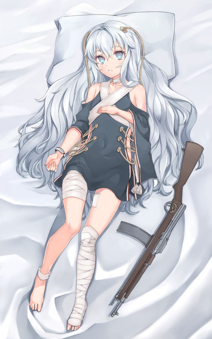 1girl alternate_costume bandaged_leg bandaged_neck bandages barefoot blue_eyes eyebrows_visible_through_hair girls_frontline gun hair_ornament hand_on_own_chest highres long_hair looking_at_viewer lying no_shoes on_back on_bed pillow ribeyrolles_1918 ribeyrolles_1918_(girls_frontline) rifle silver_hair solo watch weapon yu_416416