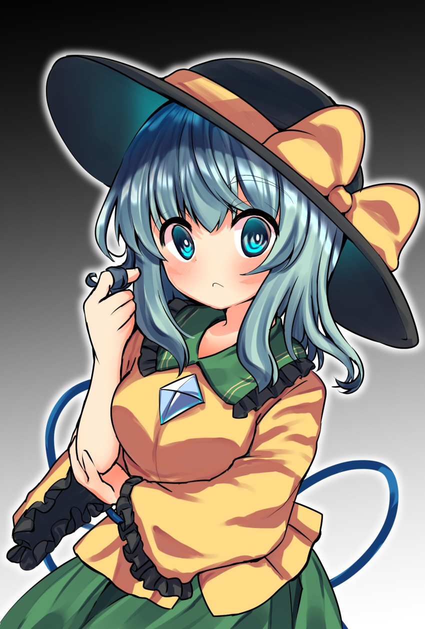 1girl :&lt; aqua_eyes arm_under_breasts bangs black_headwear blouse blush bow breasts bright_pupils commentary_request eyebrows_visible_through_hair frilled_shirt_collar frills glowing gradient gradient_background green_hair green_skirt grey_background hair_twirling hand_up hat hat_bow highres komeiji_koishi long_sleeves looking_at_viewer medium_breasts medium_hair outline rpameri simple_background skirt solo touhou upper_body white_outline white_pupils wide_sleeves yellow_blouse yellow_bow
