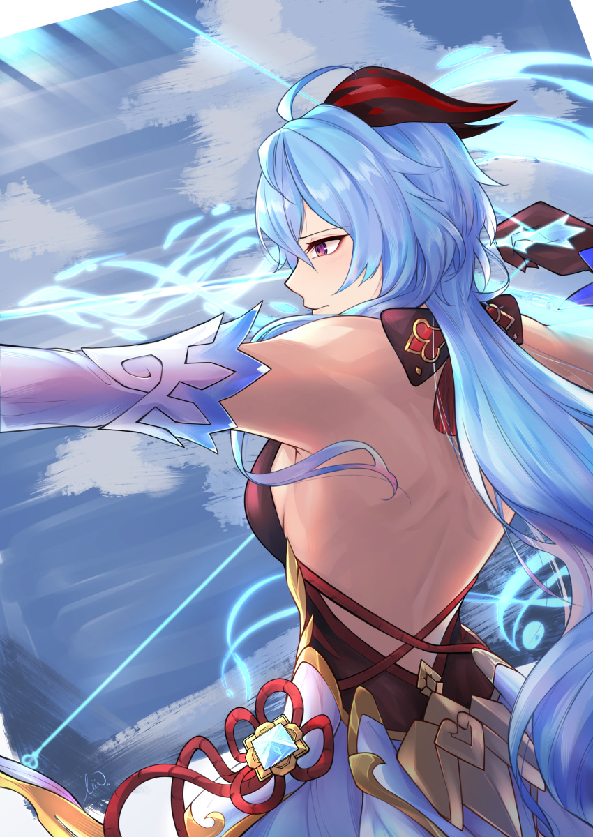 1 1girl absurdres arrow_(projectile) backless_outfit bow breasts detached_sleeves ganyu_(genshin_impact) genshin_impact goat_horns highres horns light_blue_hair long_hair sideboob solo stigmamyu very_long_hair violet_eyes