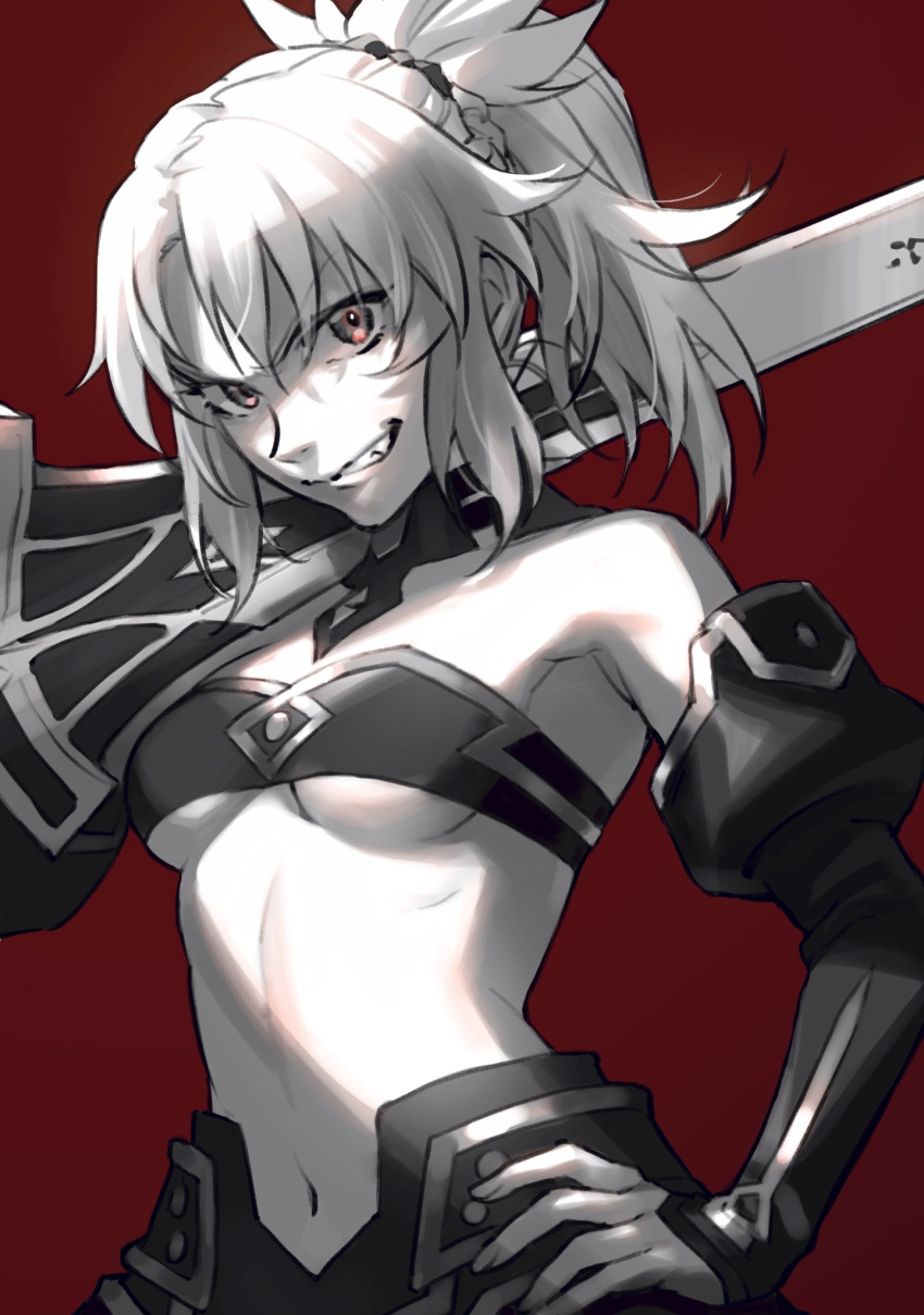 1girl bandeau bangs breasts choker detached_sleeves eyebrows_visible_through_hair fate/apocrypha fate_(series) faulds grin hair_between_eyes hair_ornament hair_scrunchie high_ponytail highres holding holding_sword holding_weapon limited_palette long_hair long_sleeves mordred_(fate) mordred_(fate)_(all) mosako navel red_background scrunchie small_breasts smile smug solo standing sword tied_hair under_boob v-shaped_eyebrows weapon