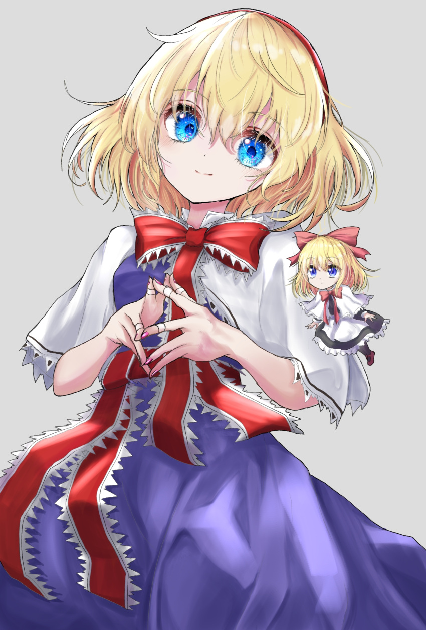 1girl alice_margatroid bangs blonde_hair blue_dress blue_eyes bow bowtie breasts capelet closed_mouth commentary_request cowboy_shot dress eyebrows_visible_through_hair grey_background hair_between_eyes hair_bow hairband highres kayon_(touzoku) looking_at_viewer medium_breasts multiple_rings red_bow red_hairband red_neckwear revision shanghai_doll short_hair simple_background smile solo standing steepled_fingers touhou white_capelet