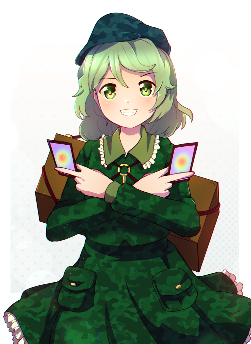 1girl absurdres camouflage camouflage_jacket camouflage_skirt card cowboy_shot dress dungeon_toaster green_dress green_eyes green_hair grin hat highres jacket military_hat petticoat simple_background skirt smile solo touhou unconnected_marketeers white_background yamashiro_takane