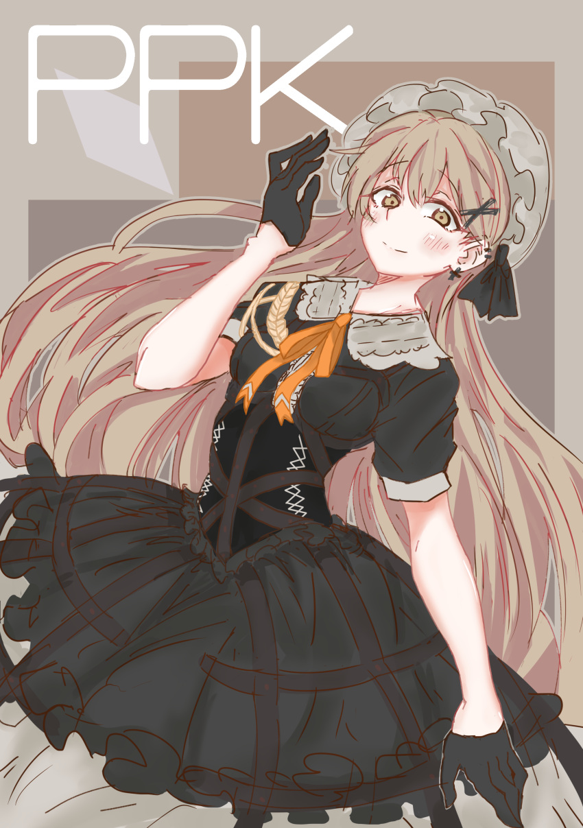 1girl a1060119 absurdres breasts frilled_hairband frills girls_frontline gloves gothic_lolita hairband highres light_brown_eyes light_brown_hair lolita_fashion long_hair ppk_(girls_frontline) puffy_short_sleeves puffy_sleeves short_sleeves smile solo very_long_hair
