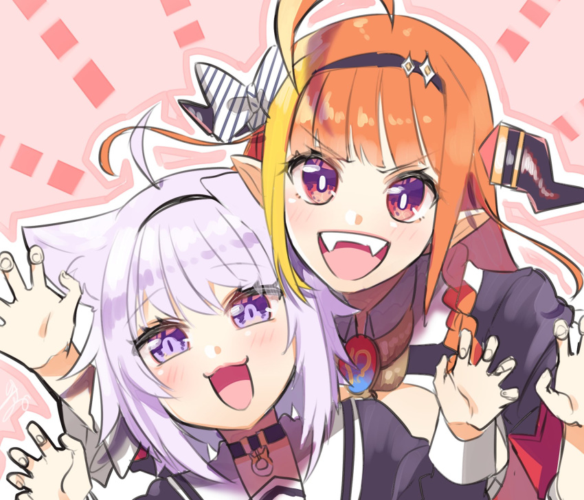 2girls ahoge animal_ears bangs black_collar black_hairband black_jacket black_serafuku blonde_hair blunt_bangs bow braid brooch cat_ears cat_girl claw_pose cleavage_cutout clothing_cutout collar collared_shirt commentary_request diagonal-striped_bow dragon_girl dragon_horns eyebrows_visible_through_hair fangs gem hairband hands_up highres hololive horn_bow horns isuka jacket jewelry kiryu_coco light_blush long_hair long_sleeves looking_at_viewer multicolored multicolored_eyes multicolored_hair multiple_girls nekomata_okayu open_mouth orange_hair outline pointy_ears purple_hair red_eyes school_uniform serafuku shirt short_hair side-by-side side_braid sidelocks signature silhouette single_braid slit_pupils streaked_hair striped striped_bow upper_body violet_eyes virtual_youtuber white_outline white_shirt