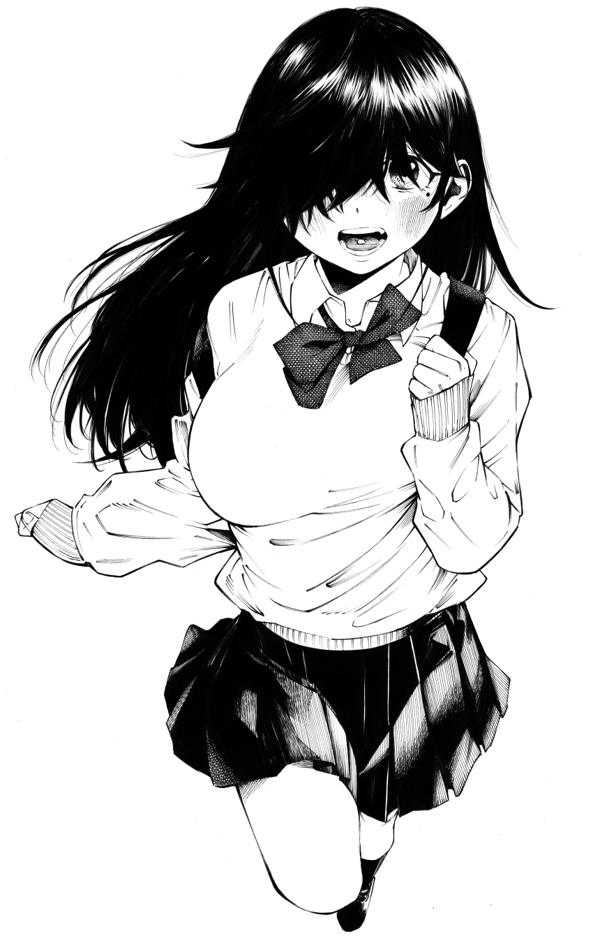 1girl absurdres black_hair black_skirt blush breasts full_body gagaimo greyscale hair_over_one_eye highres large_breasts long_hair long_sleeves looking_at_viewer mole mole_under_eye monochrome original pleated_skirt simple_background skirt sleeves_past_wrists solo sweater traditional_media white_background