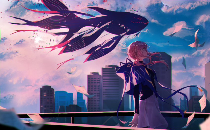 1girl absurdres bangs black_shirt blue_sky braid breasts building clouds cloudy_sky day floating_hair from_side highres kaf long_hair long_sleeves looking_away outdoors parted_lips pink_hair profile re:rin shirt skirt sky skyscraper small_breasts solo virtual_kaf white_skirt