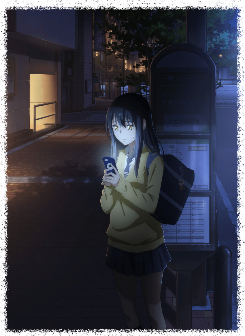 1girl absurdres bag black_hair blue_neckwear blue_skirt bus_stop cellphone city closed_mouth crosswalk highres key_visual long_hair mieruko-chan miniskirt necktie night official_art outdoors phone pleated_skirt school_uniform shoulder_bag skirt smartphone solo standing sweater traffic_light yellow_eyes yotsuya_miko