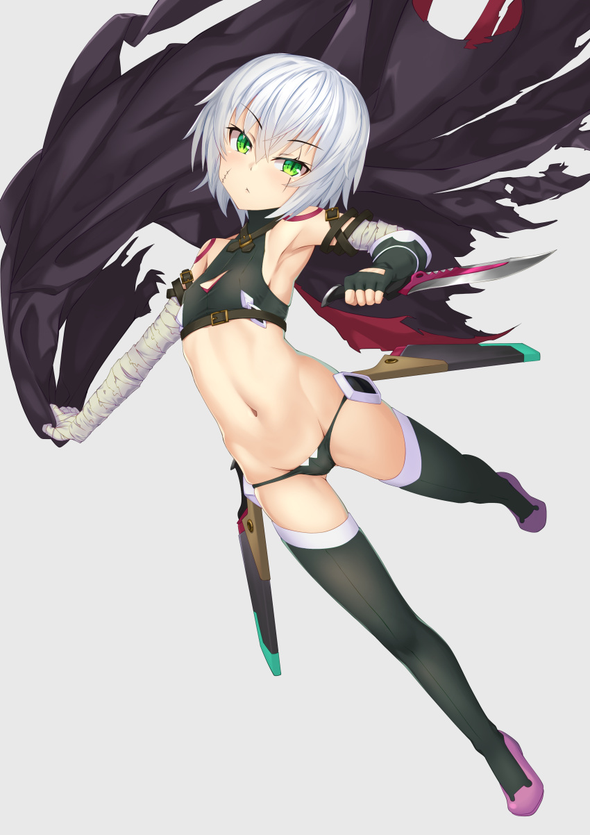 1girl absurdres bandaged_arm bandages bangs bare_shoulders black_cloak black_legwear black_panties black_vest blush breasts cloak cropped_vest dagger fate/apocrypha fate_(series) green_eyes hair_between_eyes highres jack_the_ripper_(fate/apocrypha) looking_at_viewer lowleg lowleg_panties navel panties purple_footwear scar scar_across_eye scar_on_cheek scar_on_face short_hair shoulder_tattoo slit_pupils small_breasts tattoo thigh-highs thighs underwear vest weapon white_hair yamachi_(xadp7533)