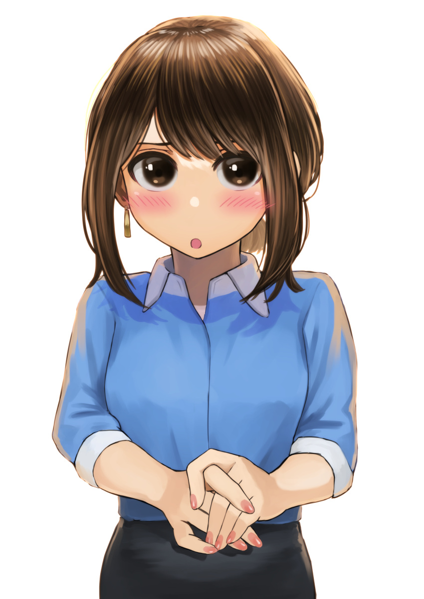 1girl :o bangs black_skirt blue_shirt blush borrowed_character brown_eyes brown_hair collared_shirt commentary_request cowboy_shot douki-chan_(yomu_(sgt_epper)) earrings eyebrows_visible_through_hair fingernails ganbare_douki-chan highres izawa_koushi jewelry long_sleeves looking_at_viewer medium_hair open_mouth pencil_skirt shiny shiny_hair shirt shirt_tucked_in sidelocks simple_background skirt solo upper_body white_background