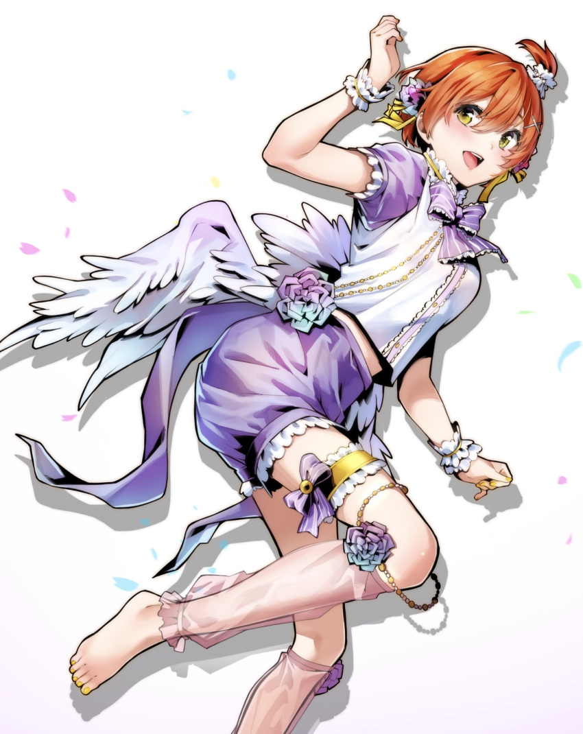 1girl alternate_costume angel_wings barefoot blue_shorts bow bowtie highres hoshizora_rin leg_garter legs looking_at_viewer love_live! love_live!_school_idol_project nail_polish nakano_maru open_mouth orange_hair purple_neckwear shorts simple_background solo striped striped_neckwear toenail_polish white_background white_wings wings wrist_cuffs yellow_eyes yellow_nails