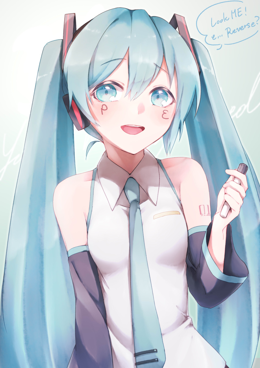 1girl 39 :d absurdres bangs black_sleeves blue_eyes blue_hair blue_neckwear breasts collared_shirt detached_sleeves english_text eyebrows_visible_through_hair hair_between_eyes hatsune_miku highres holding long_hair long_sleeves looking_at_viewer necktie open_mouth shinoduki shiny shiny_hair shirt sleeveless sleeveless_shirt small_breasts smile solo standing twintails upper_body very_long_hair vocaloid white_shirt wing_collar