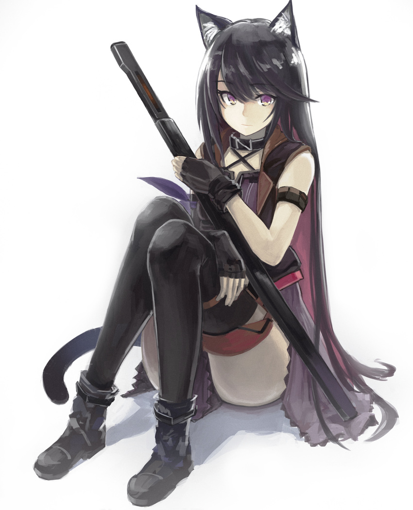 1girl animal_ear_fluff animal_ears ankle_boots arknights arm_strap bangs bare_shoulders black_choker black_footwear black_gloves black_hair black_legwear boots cat_ears cat_girl cat_tail choker closed_mouth colored_inner_hair commentary_request eyebrows_visible_through_hair fingerless_gloves full_body gloves highres holding long_hair looking_at_viewer melantha_(arknights) multicolored_hair pillow purple_hair sentou_kouhei_kitsune sheath simple_background sleeveless smile solo swept_bangs tail thigh-highs two-tone_hair very_long_hair white_background