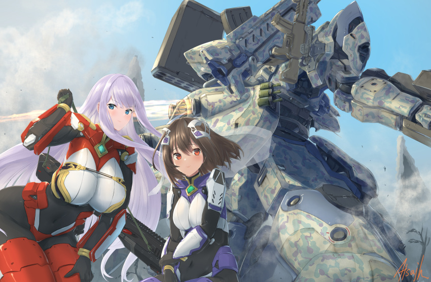 2girls artist_name atsajh bangs black_gloves blue_eyes blush bodysuit breasts brown_hair commission covered_navel dust eyebrows_visible_through_hair floating_hair from_behind gloves gun hand_on_own_thigh highres holstered_weapon large_breasts long_hair looking_down looking_to_the_side mecha medium_breasts missile_pod multiple_girls original pilot_suit red_eyes science_fiction short_hair silver_hair skeb_commission skin_tight sky thrusters tree very_long_hair weapon