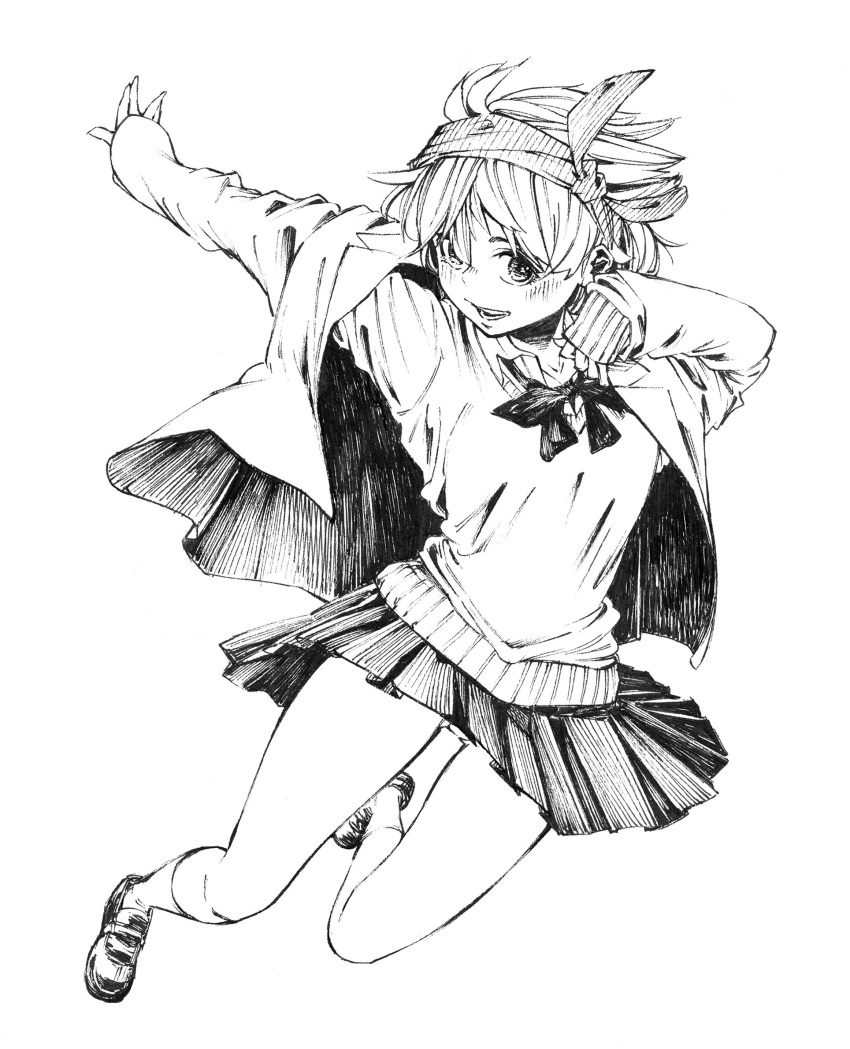 1girl absurdres arms_up black_footwear black_neckwear black_skirt bow bowtie gagaimo greyscale highres jacket long_sleeves looking_at_viewer monochrome open_mouth original pleated_skirt shirt shoes simple_background skirt smile socks solo sweater traditional_media white_background
