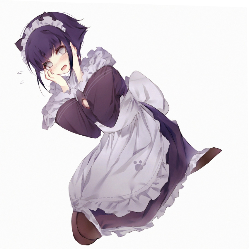 1girl alternate_costume animal_ears apron bangs black_dress blunt_bangs blush brown_legwear cat_ears dress eyebrows_visible_through_hair grey_eyes hands_on_own_cheeks hands_on_own_face highres hyuuga_hinata long_sleeves looking_at_viewer maid maid_apron maid_headdress naruto naruto_(series) open_mouth pantyhose seiza short_hair simple_background sitting solo white_background yuishironeko