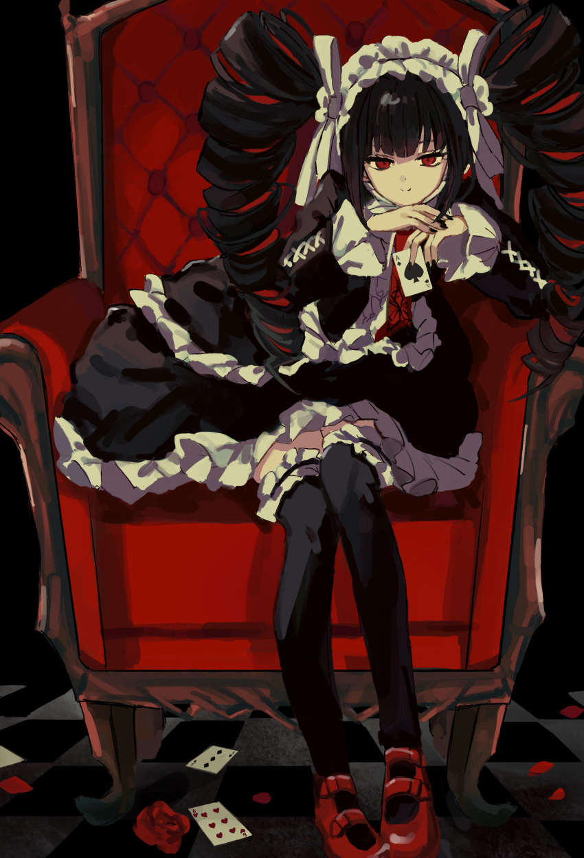 1girl absurdres armchair bangs black_hair black_legwear black_nails bonnet card celestia_ludenberg chair checkered checkered_background checkered_floor chess_piece commentary_request dangan_ronpa:_trigger_happy_havoc dangan_ronpa_(series) drill_hair flower frills garter_straps gothic_lolita hairband highres holding holding_card leaning_forward lolita_fashion long_hair looking_at_viewer nail_polish namiharuru necktie petals playing_card red_eyes red_flower red_footwear red_neckwear red_rose rose sitting smile solo thigh-highs tile_floor tiles twin_drills twintails